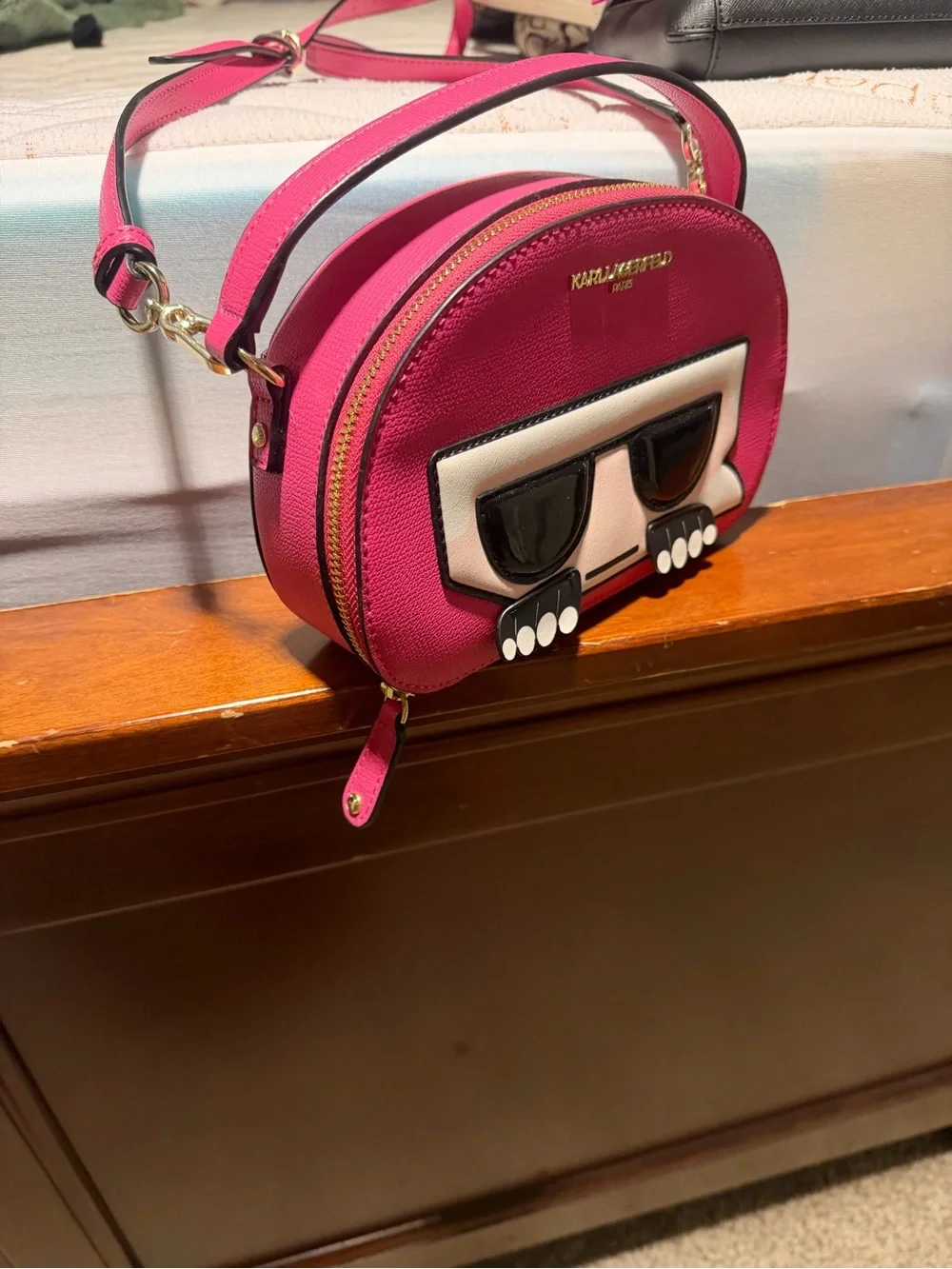 Karl Lagerfeld Pink Leather Crossbody with Signature Face Motif